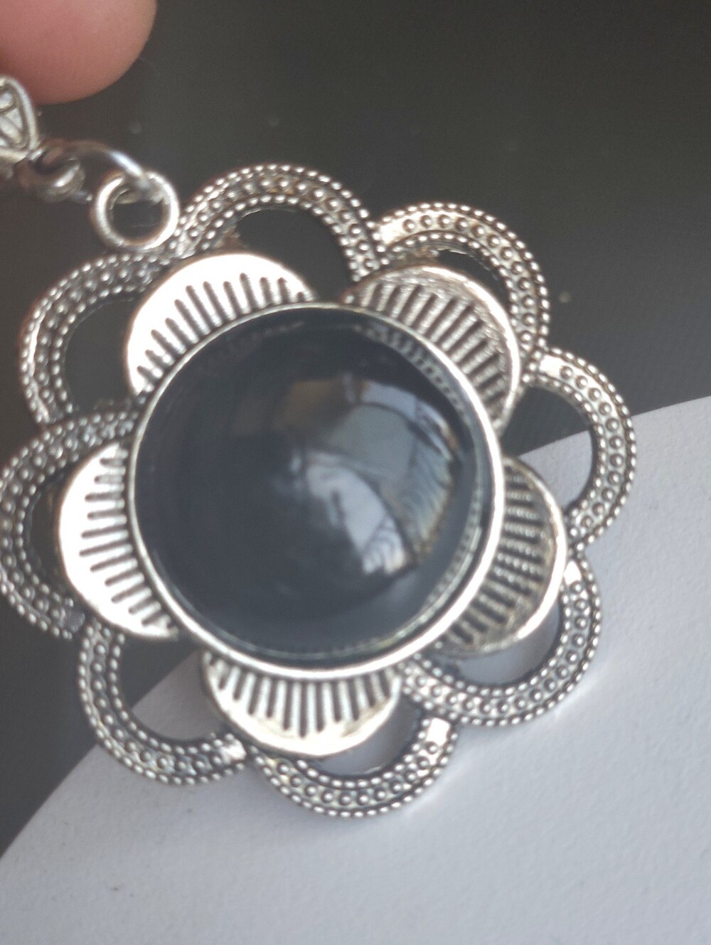 Classic Floral Silver Pendant Necklace with Dark Gray Stone